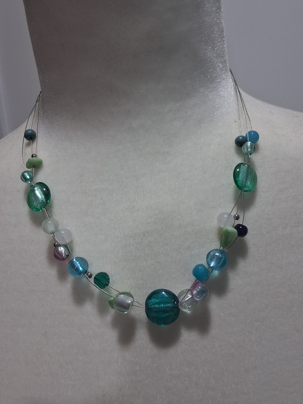 Multicolor & Multistrand Green Glass Bead Necklace